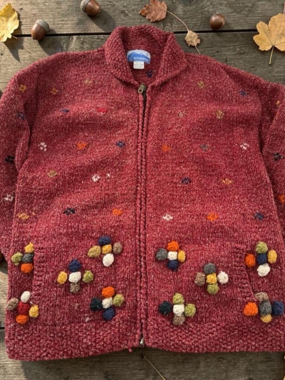 Vintage 1990s Handmade Ecuador Wool Zip Cardigan Andean Folk Sweater Estimated L